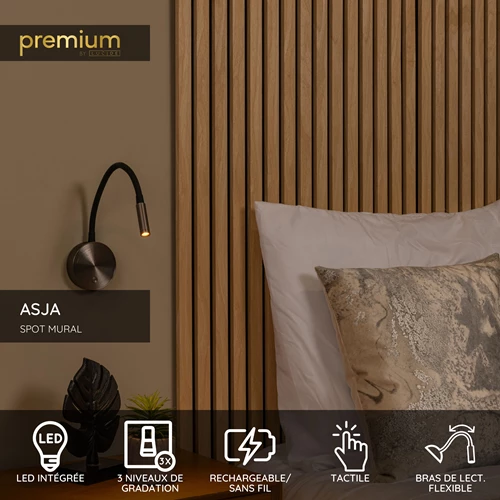 Lucide ASJA - Spot mural / Applique mural Rechargeable - Batterie/Piles - LED 3 StepDim - 1x3W 2700K - Fer gris | Premium - USP